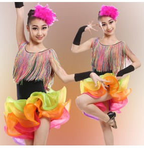 Rainbow colored black patchwork fringes ruffles girls kids children competition performance latin ballroom dance dancing dresses